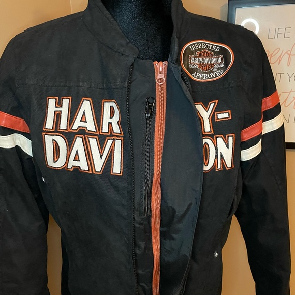 Like New, Women’s Harley Davidson, size small, black and orange riding jacket. - Picture 7 of 15